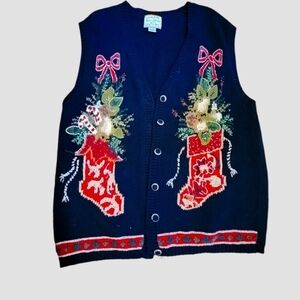 Sz 22/24 Vtg Heirloom Collectibles Cardigan Sweater Vest Christmas Sparkle T34